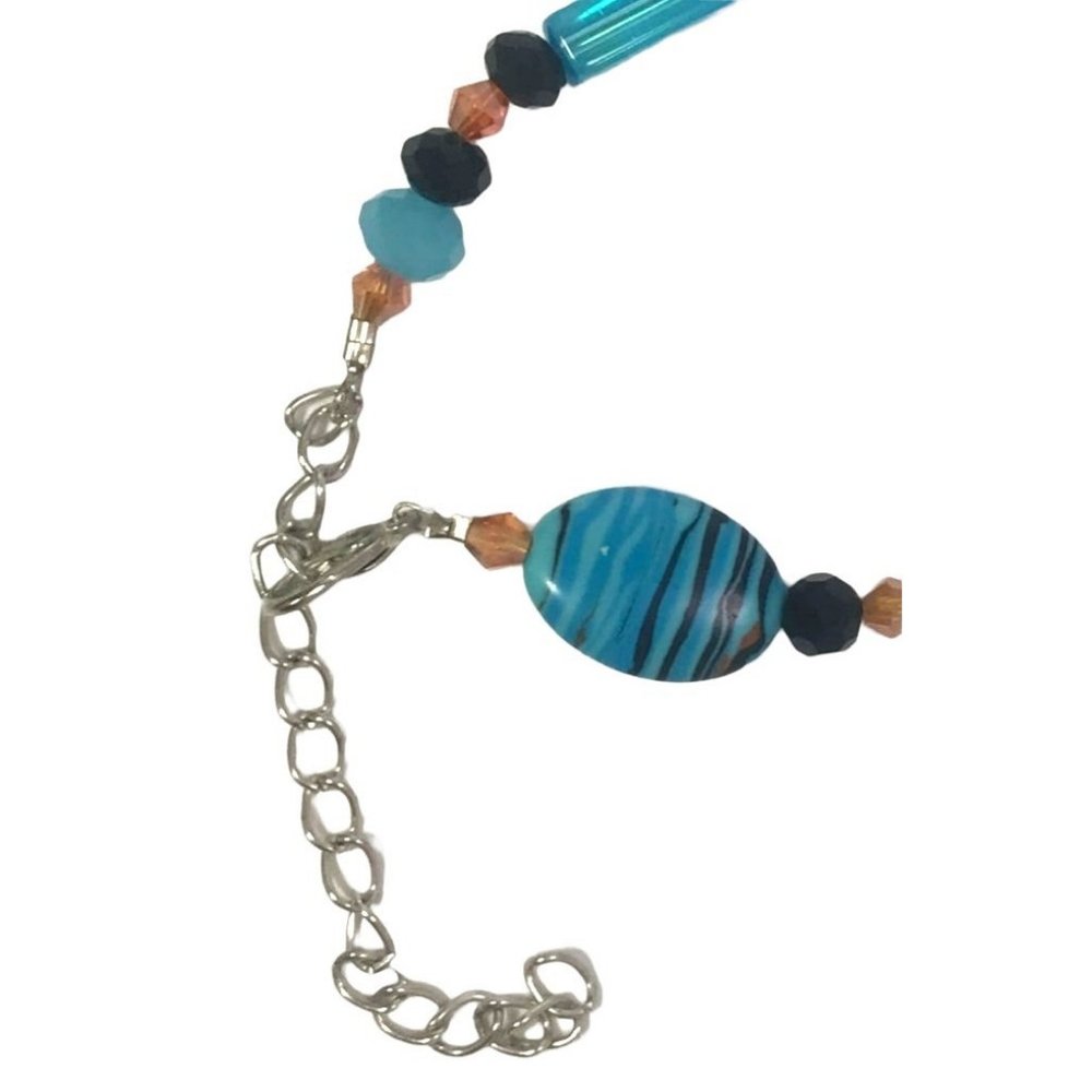 Handmade Art Glass Bead and Crystal Bracelet Turquoise Black Orange Silver Tone - Picture 3 of 3